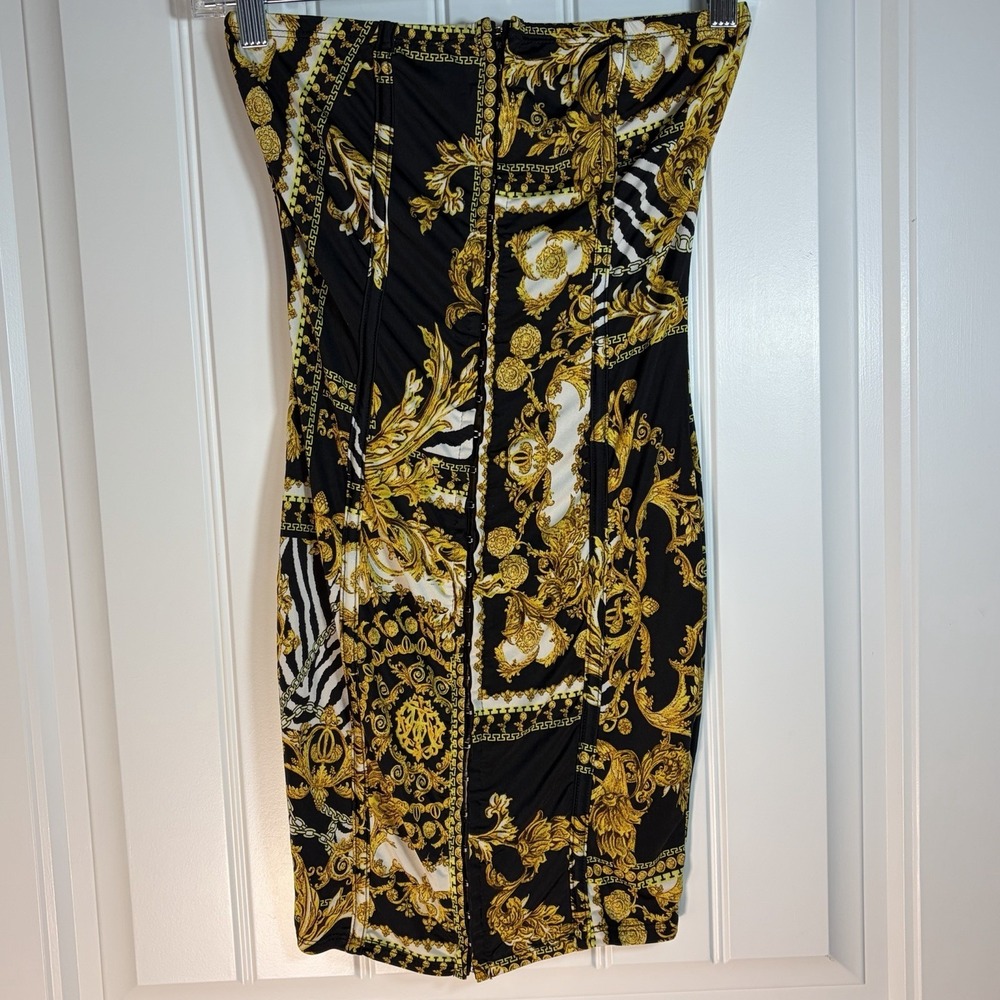 Black Gold Baroque Print Strapless Bodycon Midi Dress Women's‎ Small